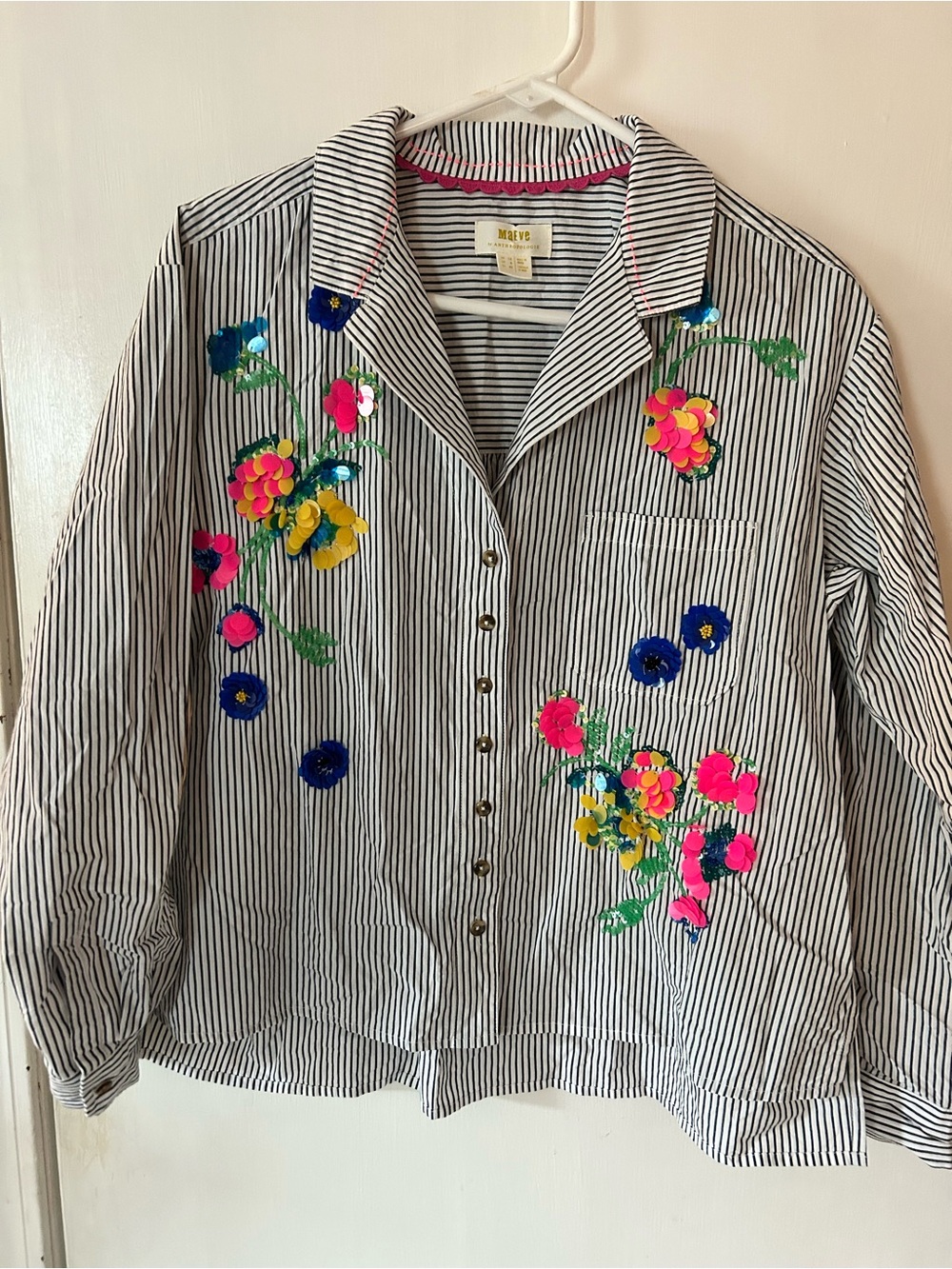 RARE Anthropologie (Maeve) Striped Button-Down with Hot Pink Trim